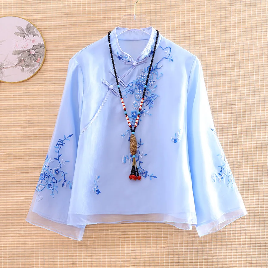 

Элитная весенне-летняя блуза из органзы с вышивкой в китайском стиле Женская Модная элегантная Свободная рубашка Топ S-XXL