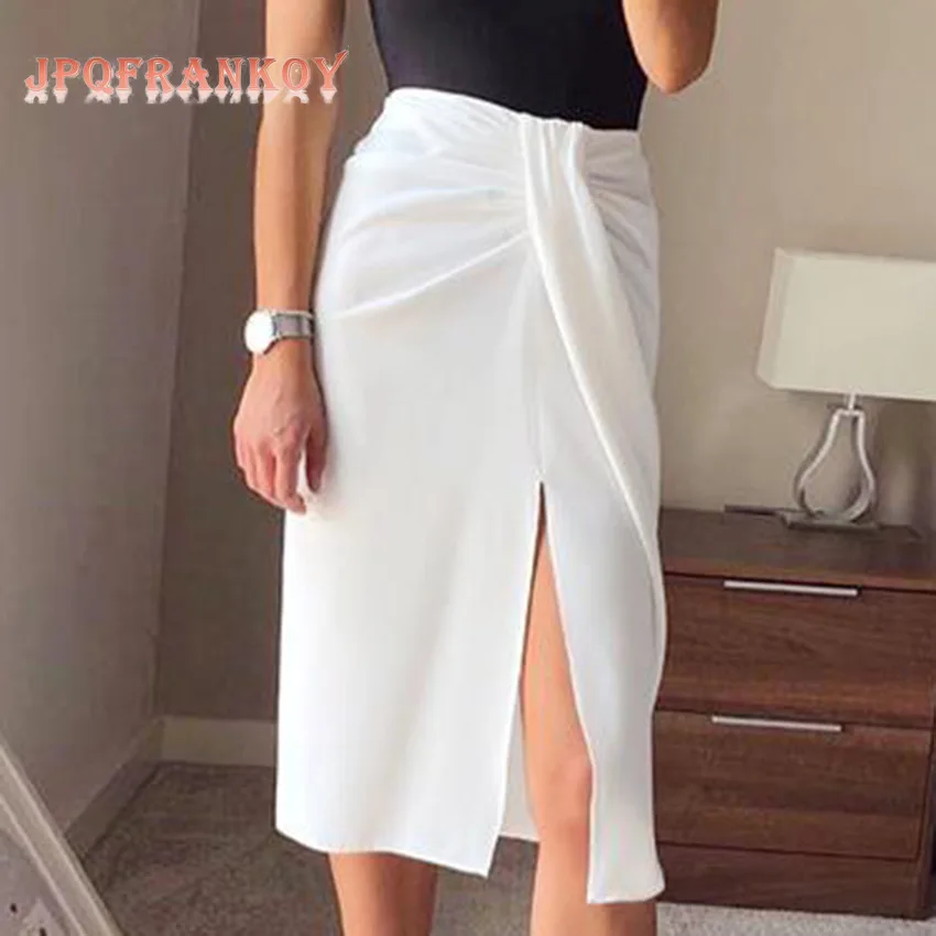 

2021Autumn New European and American Split Design Fold Commuter White Color French Skirt Asymmetrical Mid-Calf Woman Skirts