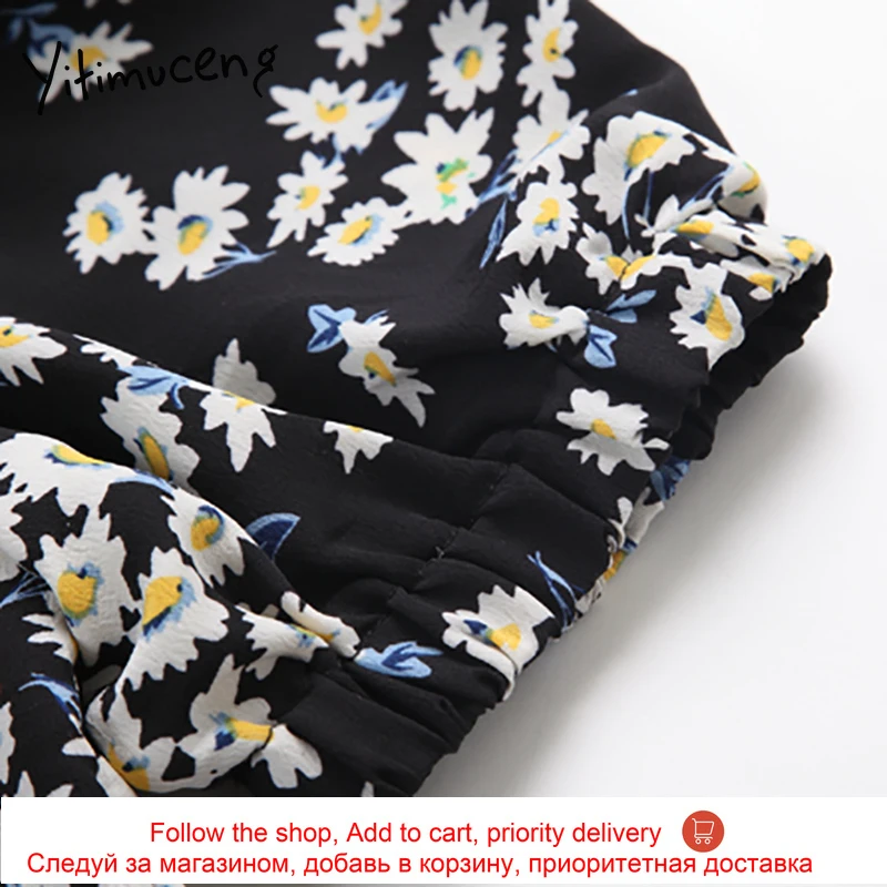 

Yitimuceng Folds Floral Pint Mini Short Sleeve High Waist Dresses Women Square Collar A-Line 2021 Summer Korean Fashion Dress