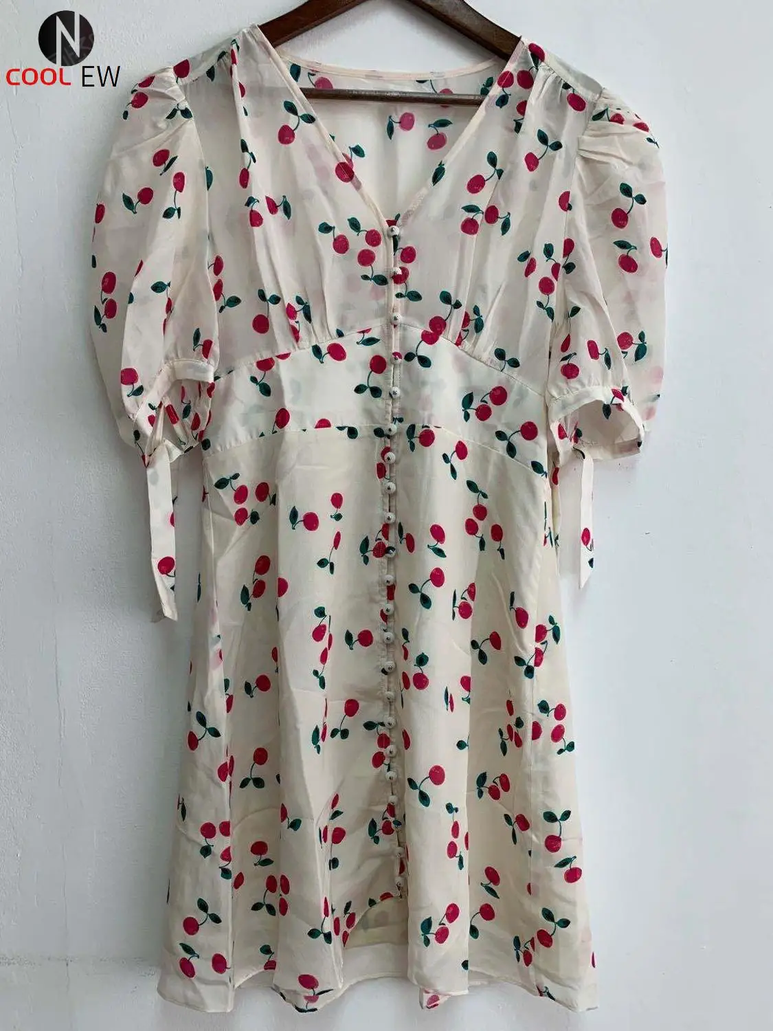 

Elfbop Ladies Cherry Printed Short Sleeve Short Mini Dress With Puff Sleeve