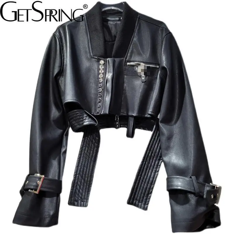 

Getspring Women Coat Asymmetry Splicing Black Leather Jacket For Women 2021 Fashion Vitage Short Motorcycle Jacket And Coats