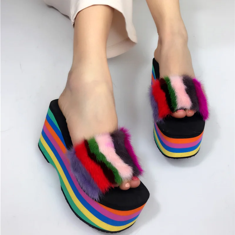 

Hot Sale Womens Rainbow Colors Real Fox Fur Decor Slipper Platform Muffin Super High Wedge Heel Shoes Slides Slingback New C824