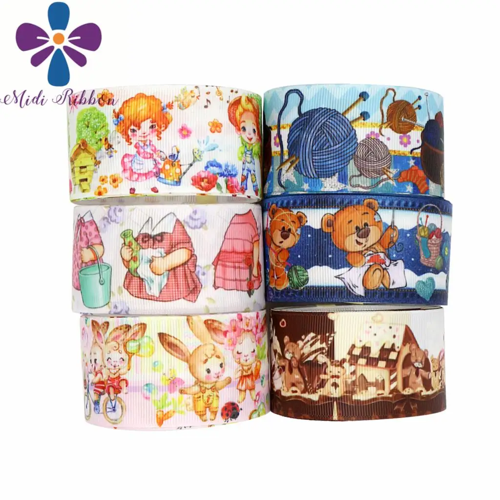 

16mm-75mm Cartoon Series Jeans Stripes Bear Printed Grosgrain/Foe Ribbon Geometric DIY Hair Bowknots Gifts Packing 50yards/roll