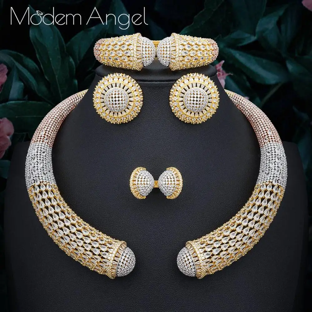 ModemAngel известный бренд диск Роскошные нигерийские Свадебные невесты кубического циркония ожерелье Дубай 4 шт. комплект ювелирных изделий