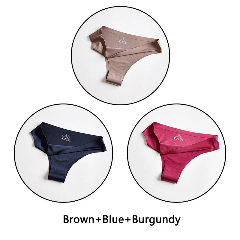 Brown Blue Burgundy 3 шт./партия, бесшовное женское нижнее белье, мягкие шелковые трусы, сексуальное женское белье, одноцветные трусы M-3XL трусы большого размера - Цвет: Brown Blue Burgundy