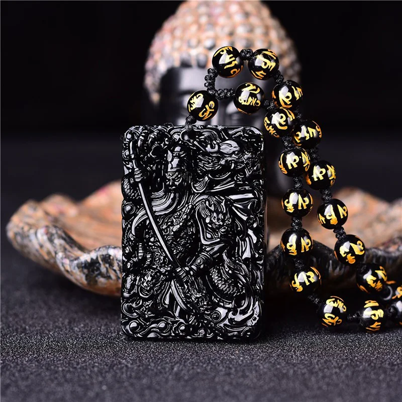 Натуральный черный обсидиан лорд Гуань Ю ожерелье с подвеской шестью словами