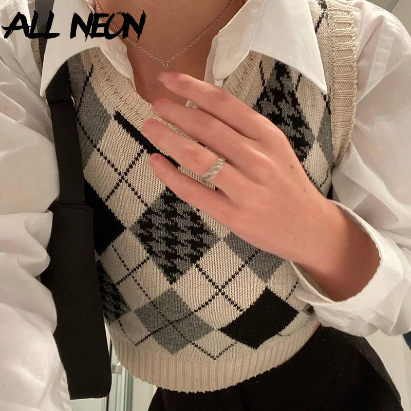 

ALLNeon Vintage 90s Streetwear V-neck Argyle Plaid Knitted Sweater Vests Y2K Preppy Houndstooth Print Retro Pullovers Sleeveless