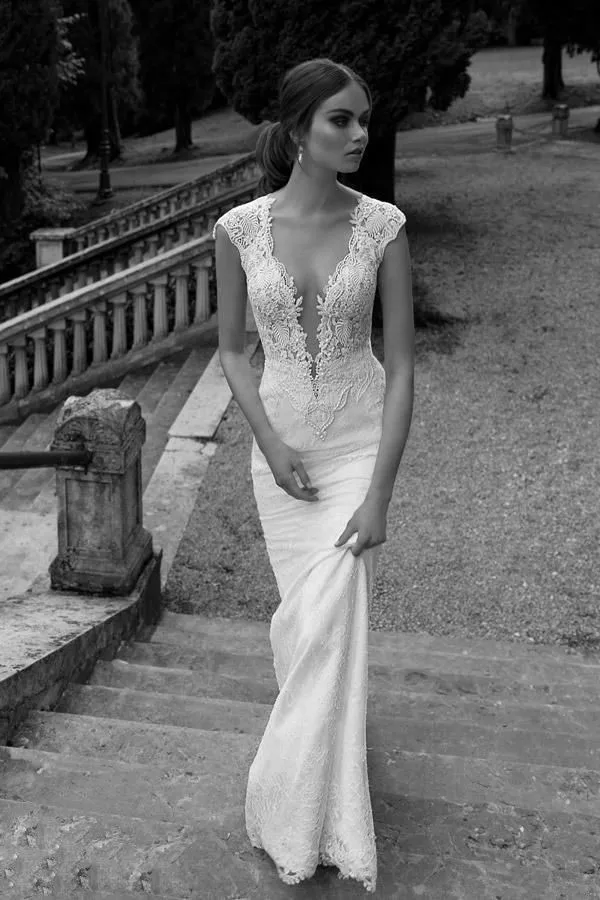 

Berta Winter 2017 Lace Sheer Wedding Dresses Deep V Neck Illusion Back Mermaid Wedding Bridal Dresses Gowns