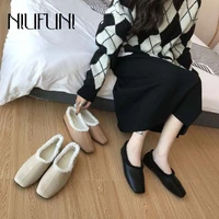 niufuni autumn furry shoes outdoor casual flats shoes wool ballet women shoes simple leather slip on loafers boat shoes fur warm