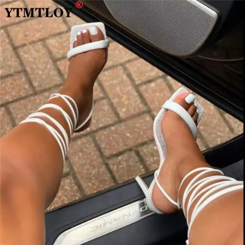 Summer White Black Woman Ankle Strap Sandals Leather Cross-Tied High Heels Shoes...