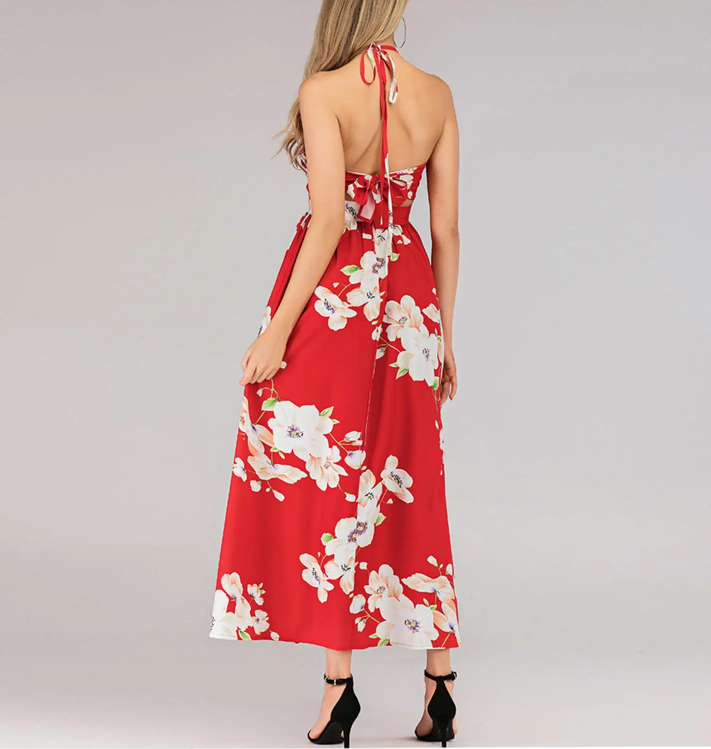 Летнее красное пляжное платье с принтом женское сексуальное длинное на