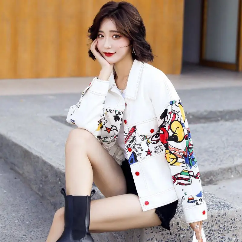 

Autumn Short Print Graffiti Denim Jacket Women Spring Single Breasted Jean Coat Loose Long Sleeve Turn-down Collar Lady Jacket
