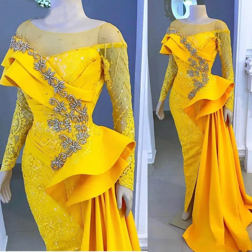 

New Long Sleeves Yellow Evening Dresses Illusion Sheer Neck Lace Beaded Crystals Mermaid Prom Dress Formal Gowns