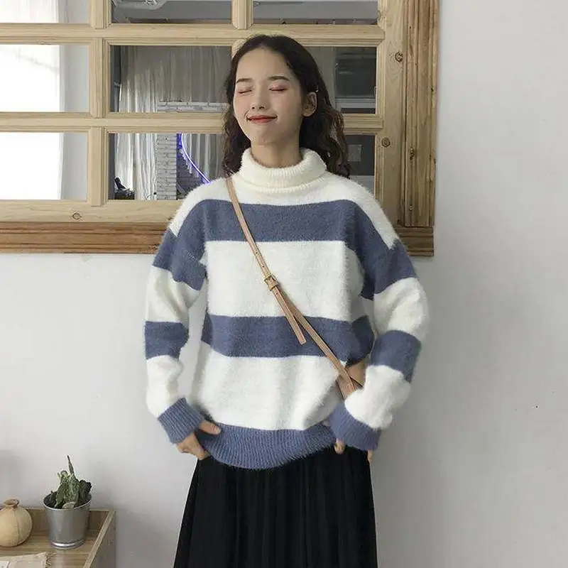 

Striped Turtleneck Sweater Korean Loose Casual Pullover Sweater Winter Clothes Women Knitted Warm Cashmere Sweater