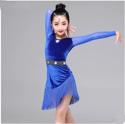 

tassel latin dance dress for girls latin salsa children ballroom skirts dresses samba tango cha cha kids Velvet fringe costume
