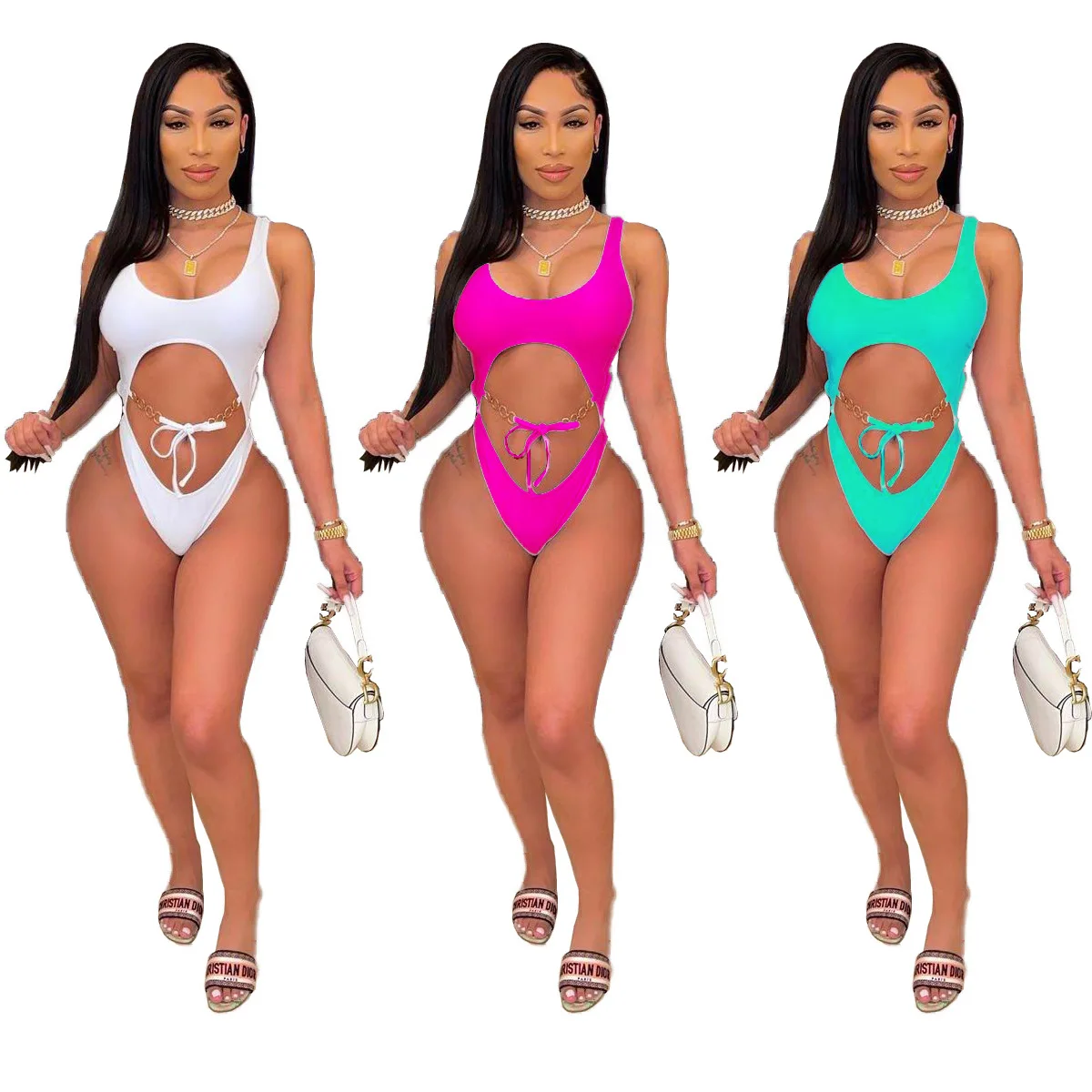 

2021 Sexy One Piece Swimwear Bikini Hollow Out Solid Color Swimwear Women Beach Holiday Clothes For Women