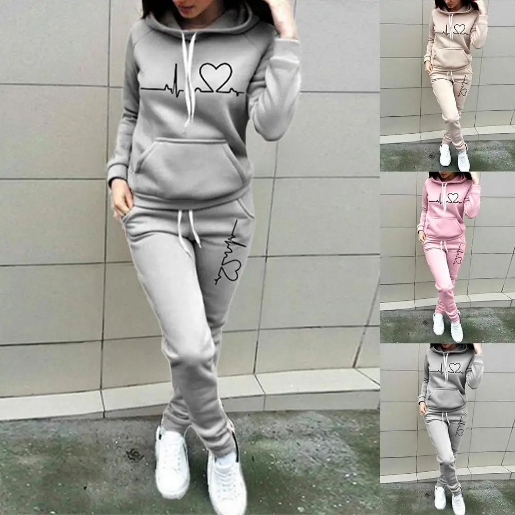 

2 Pcs/Set Lady Tracksuit Heart Print Two-piece Set Thick Casual Solid Color Women Sports Suit Lady Hoodie Suit for School