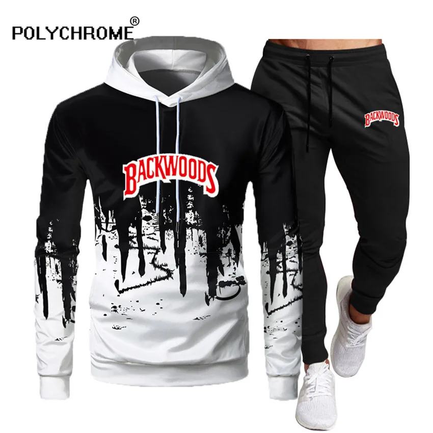 

Костюм спортивный мужской с капюшоном и штаны, модная повседневная толстовка с открытой спиной, комплект из двух предметов, уличная одежда, ...