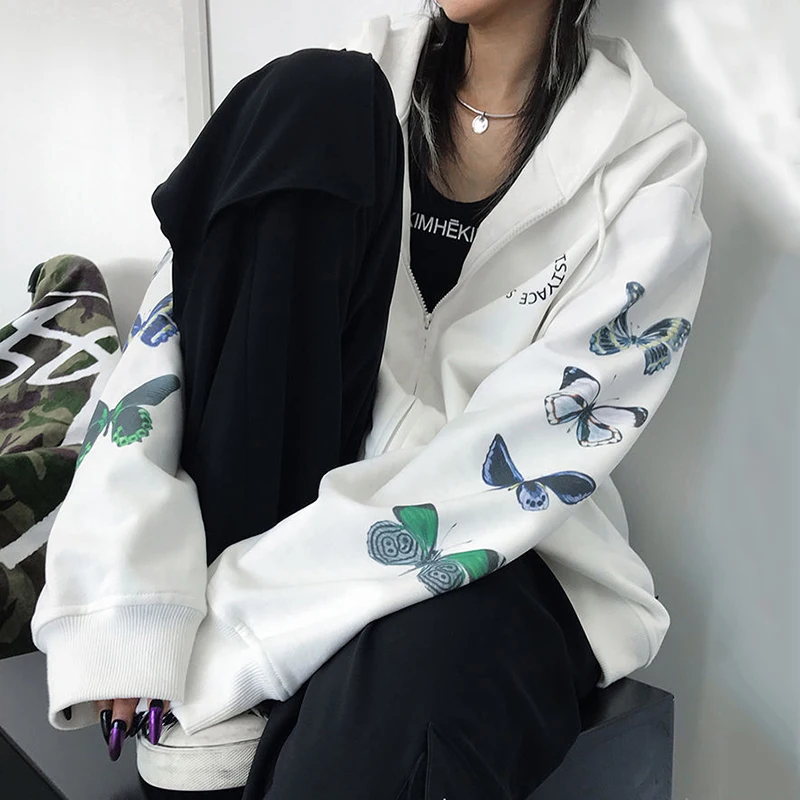 

with Zipper Women's Sweatshirt Autumn Y2K Harajuku Butterfly Hoodie Butterfly Sleeve Print Spring plus size Punk hoodie jacket