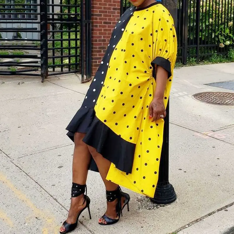 Женское платье большого размера свободное желтое черное в горошек с высокой