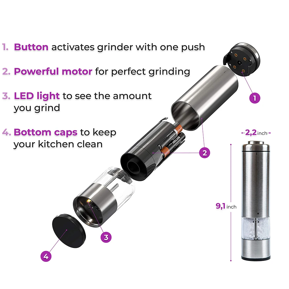 8in Salt Pepper Mill Electric Stainless Steel Spice Battery Powered with Light and Stand Home Kitchen Cooking Tool | Дом и сад