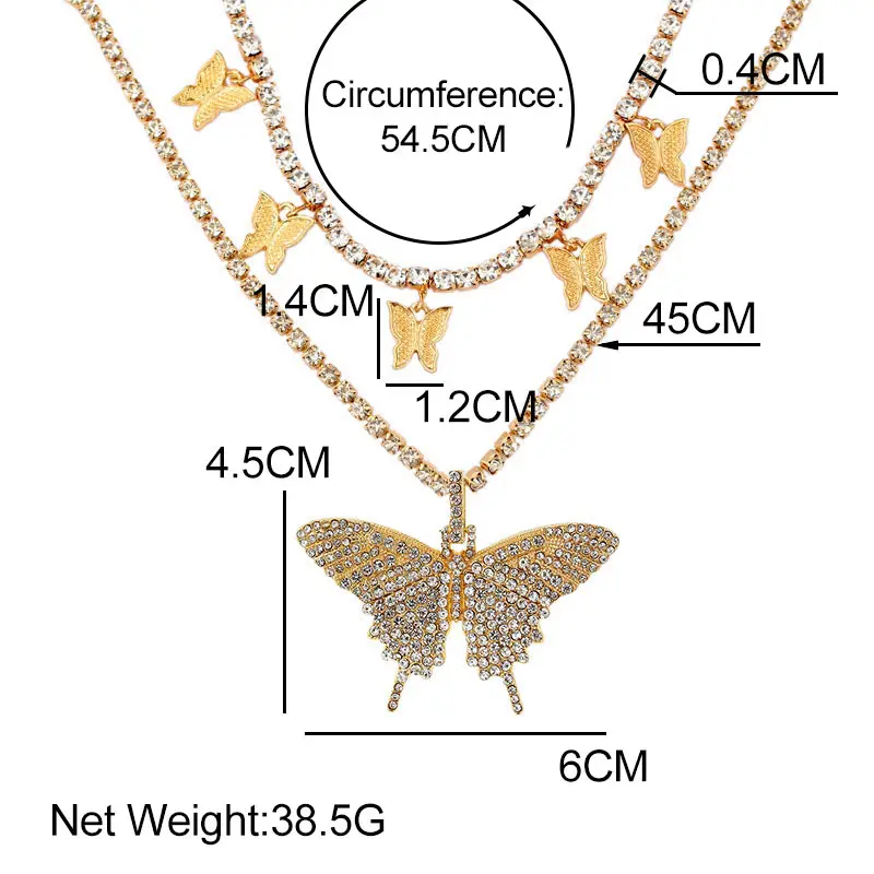 

Gold Color Multilayer Big Butterfly Pendant Necklace Neck Chains For Women Hip Hop Shiny Crystal Chain Necklaces Trendy Jewelry