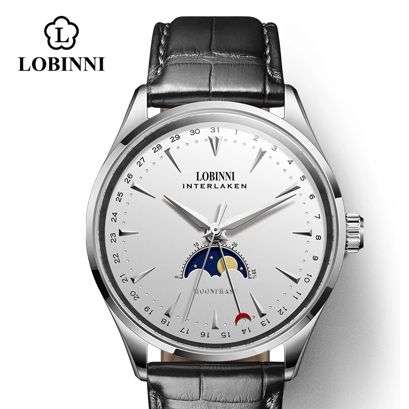 

Switzerland LOBINNI мужские часы люксовый бренд Moon Phase Seagull автоматические самовсасывающие механические мужские часы Сапфировая кожа