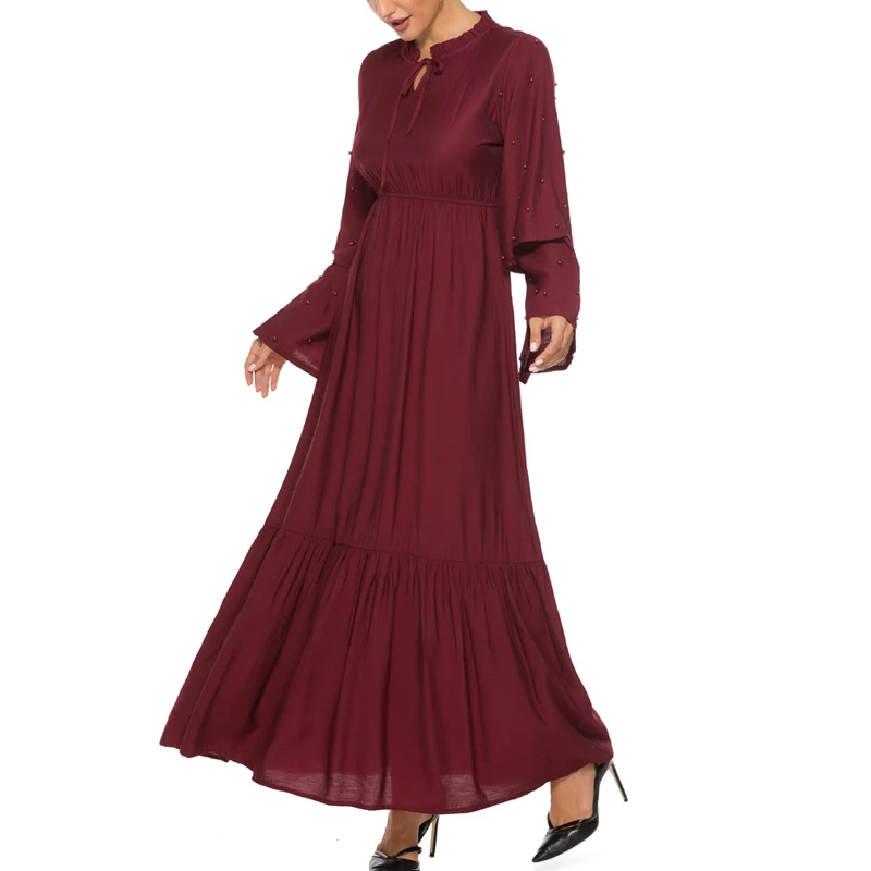MISSJOY Elegant High Waist Abaya Turkish Dress Women Muslim Solid Color Ruffle Flare Sleeve Diamond Islamic Clothing Casual