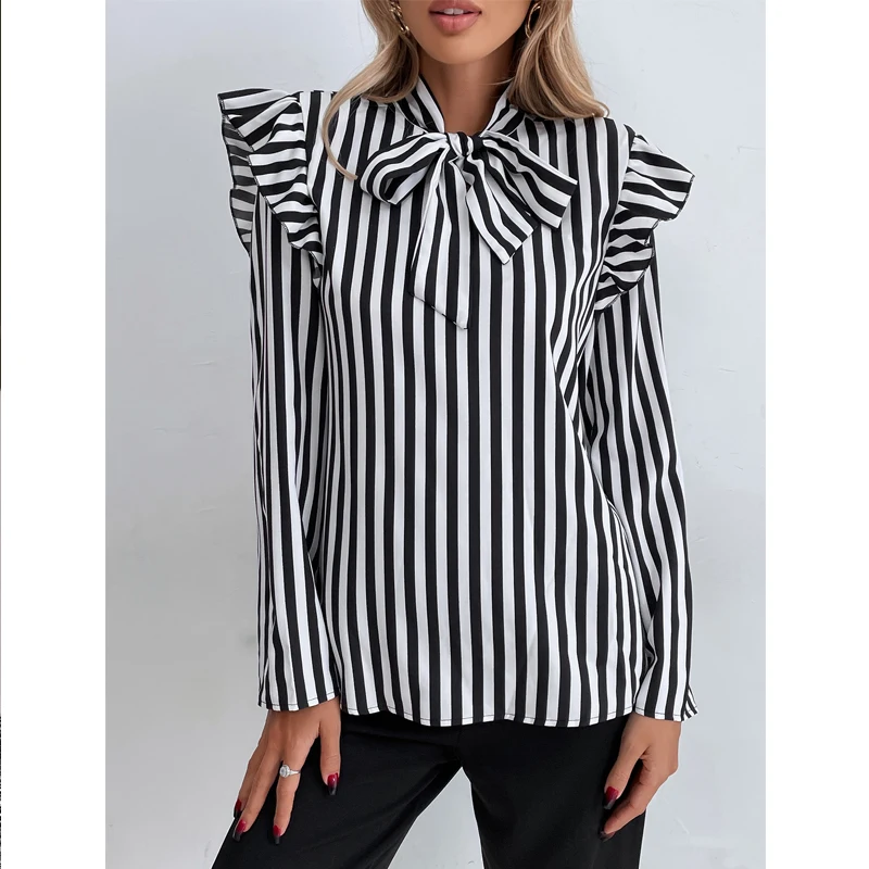 

Autumn And Winter New Women's Wear European And American Ins Trend Versatile Street Fashion Stripe Minority Speaker Sleeve Shirt