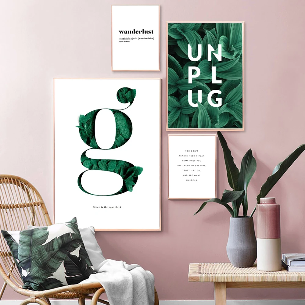 Картины с буквами в простом стиле постер на холсте рисунком зеленых растений