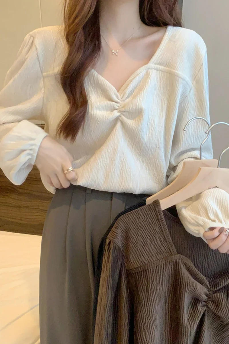 French Pleated Square Neck Long Sleeve Shirt Women's Clothing Spring Autumn 2021 Design Sense Short Chic Top Rac | Женская одежда