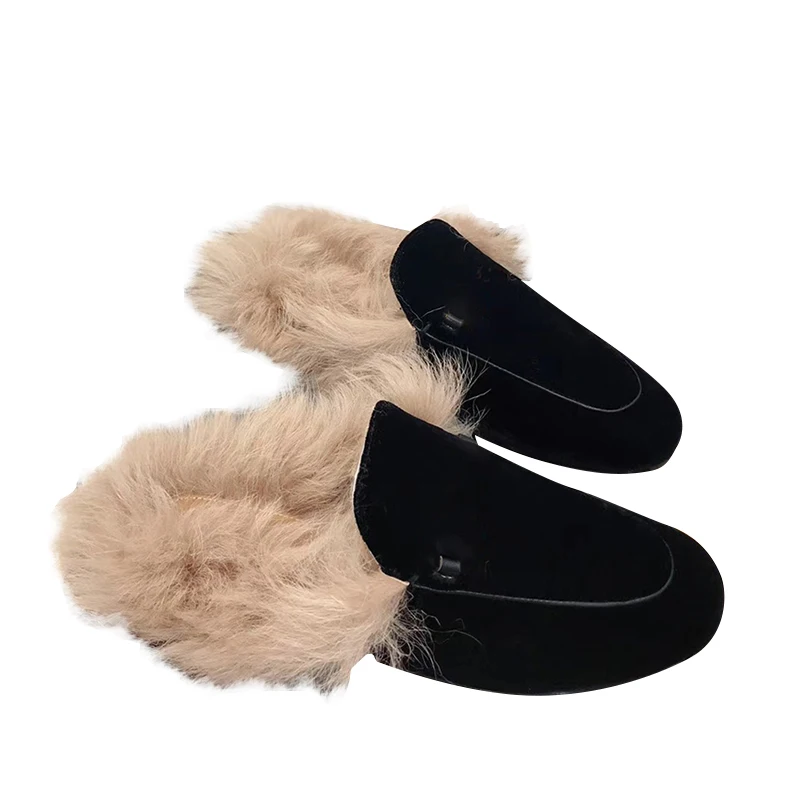 

Italian gujiaG winter 2021new rabbit hair casual women's shoes top leather leopard print flat bottom half slippers high quality