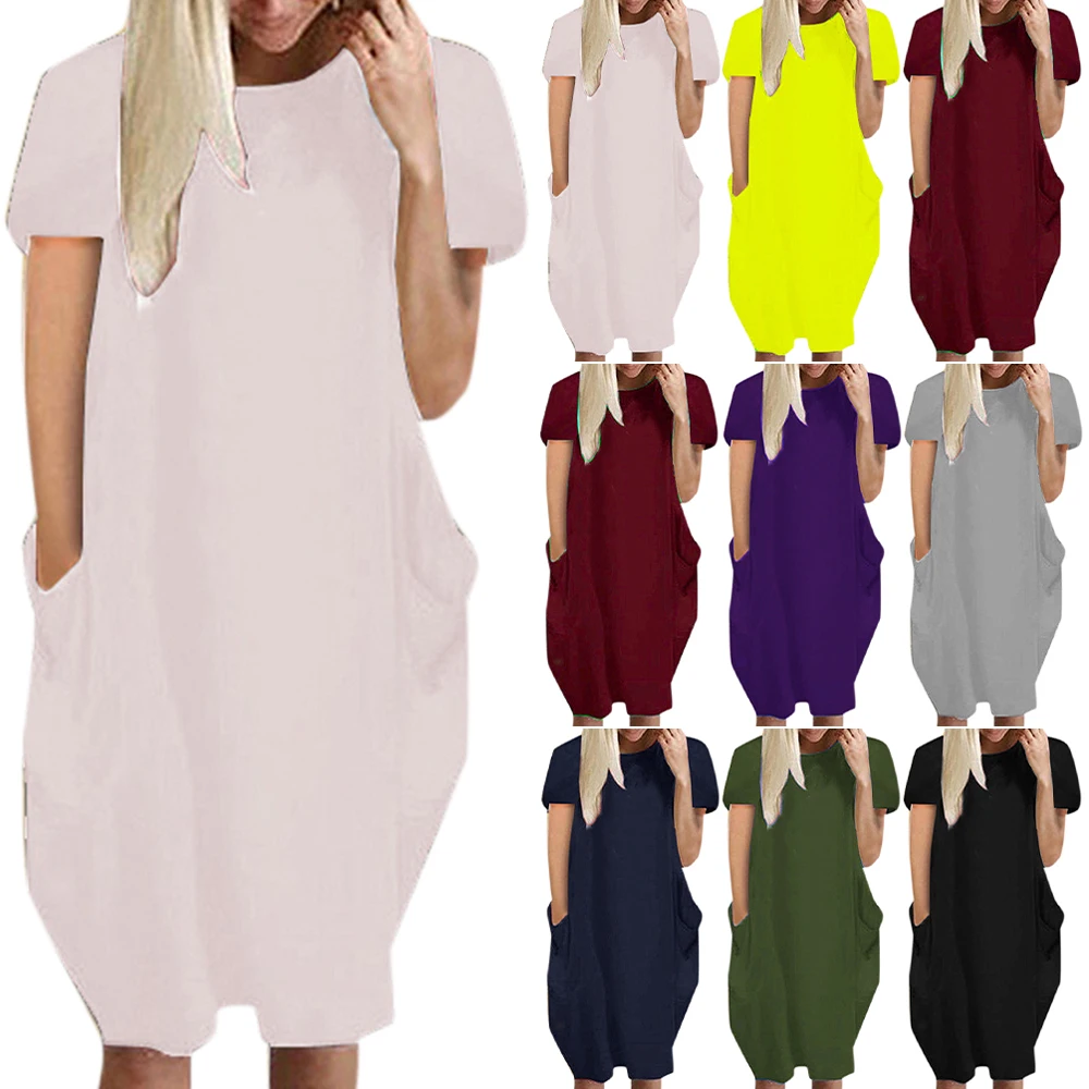 

VICABO Short Sleeve Pockets Dress Women's Summer Casual Big Size Clothing Ladies Casual Loose Baggy 5XL T Shirt Dress Plus Size