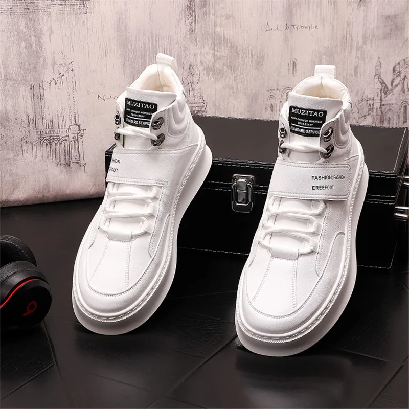 Beli Sneakers Punk Datar Pria Eropa Sepatu Kasual Pria Kulit Atasan Tinggi Mewah Sepatu Bot Pergelangan Kaki Hip Hop Zapatillas Hombre