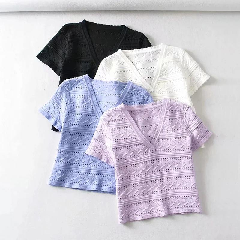 Женская трикотажная футболка с коротким рукавом и V-образным вырезом | одежда