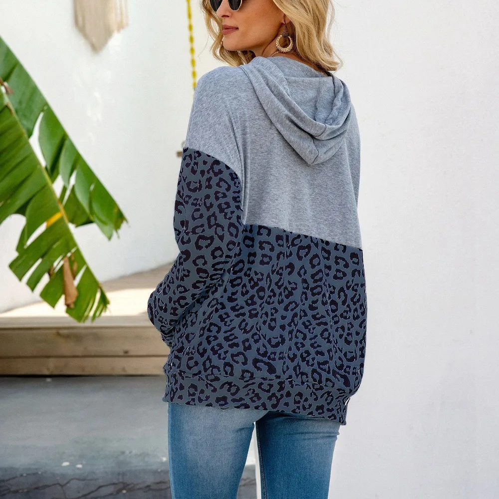 

New women's autumn and winter fashion casual home street women's stitching leopard pocket tether hoodie women's plush Hoodies