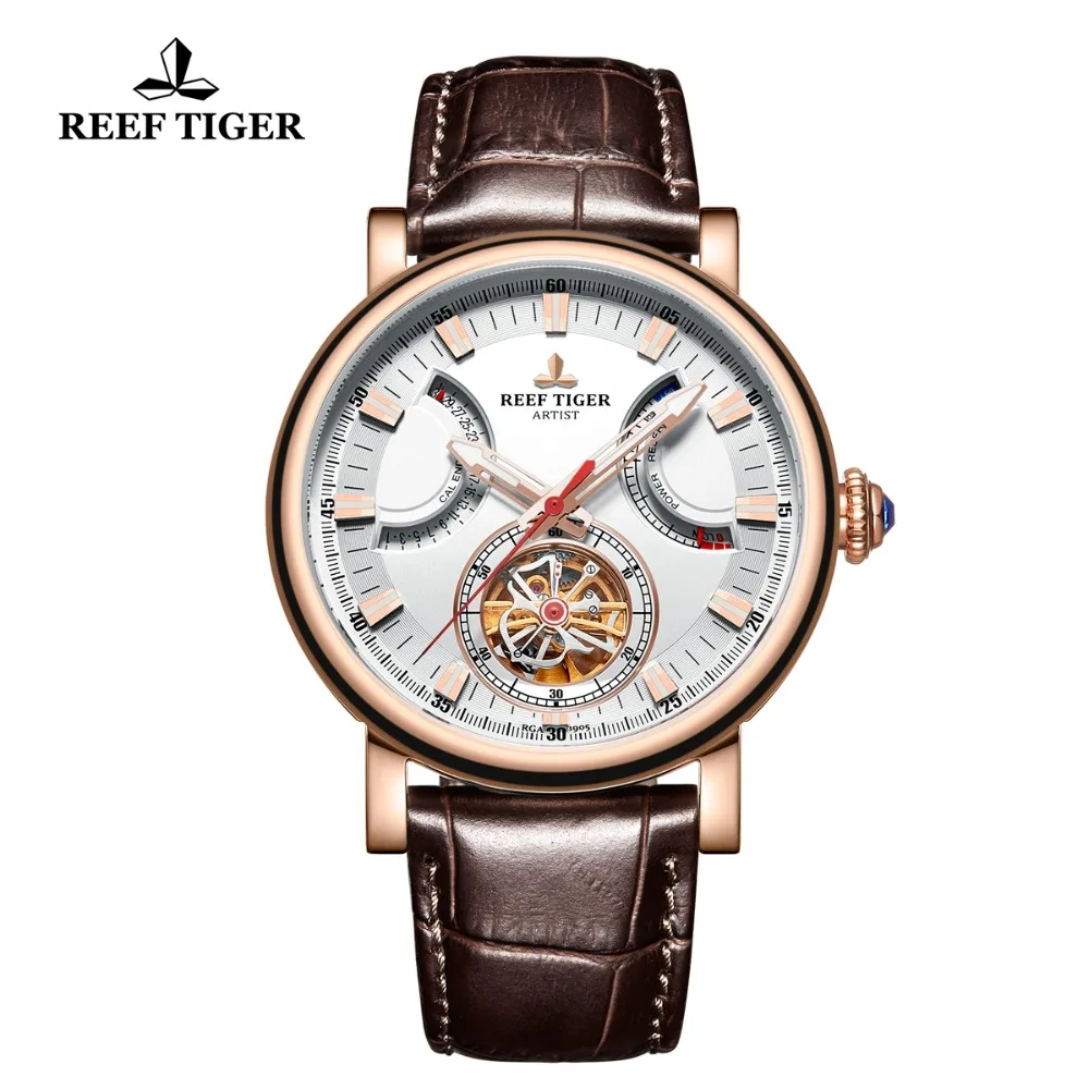 

Reef Tiger/RT Automatic Watch for Men White Dial Leather Strap Watch with Date Day RGA1950