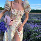 Модное винтажное платье с цветочным рисунком, женское летнее платье с квадратным воротником и пышными рукавами, сексуальное платье трапециевидной формы с открытыми плечами и разрезом сбоку, 2020