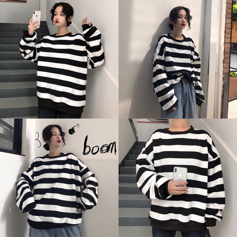 

Winter Oversized Sweatshirt Fashion Brand Casual Style Striped Pullovers Ins Korean Clothes O-neck Tops Hipster Ulzzang New