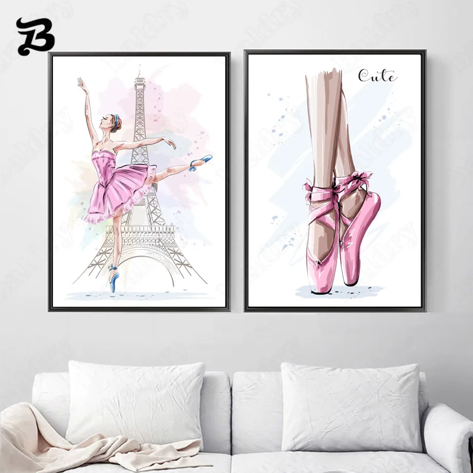 

Canvas Painting Cartoon Ballet Dancing Girl Eiffel Tower Wall Art Canvas Posters Prints Wall Pictures for Baby Kids Room Decor