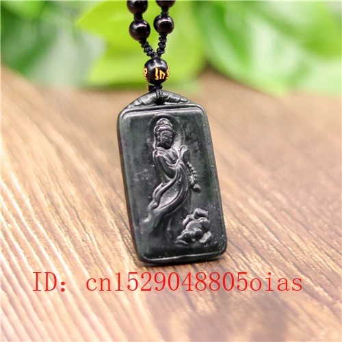 Natural Black Green Jade Guanyin Pendant Beads Necklace Charm Jewelry Obsidian Accessories Carved Amulet Gifts for Men | Украшения и