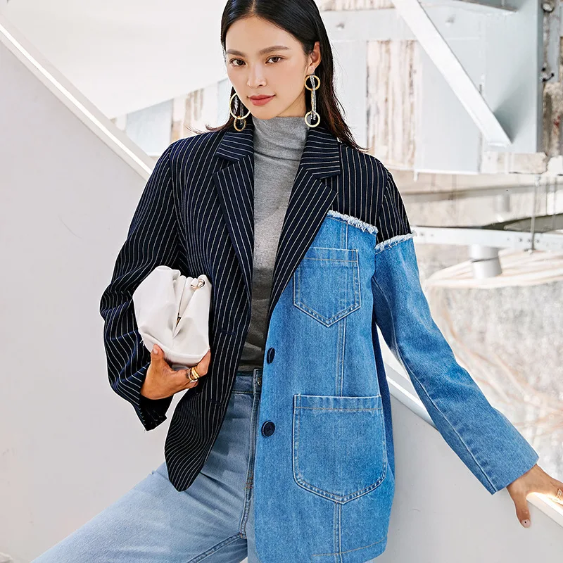 LANMREM 2020 Весенний Новый Модный женский однобортный джинсовый костюм с вышивкой и