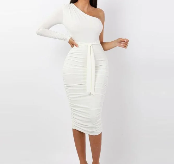 

2021 Women Elegant Fashion Sexy White Cocktail Party Slim Fit Dresses One Shoulder Belted Ruched Design Bodycon Midi Dress