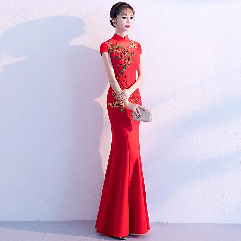 Красный Для женщин Русалка Cheongsam Длинные вечерние платья с вышивкой воротником