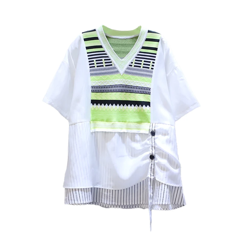 

IEQJ 2021 Summer New Design Sense Niche Color Matching Knitted Stitching Fake Two Short-sleeved Striped Shirt Top 2021 3F0618