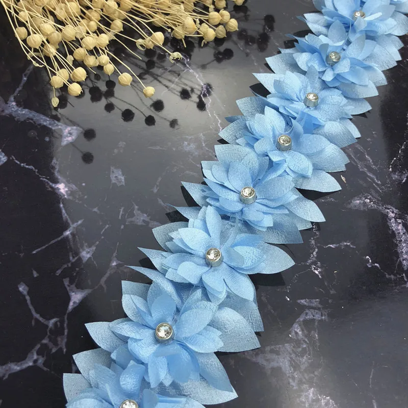 1 ярд синяя кружевная лента с жемчужинами и бриллиантами 3D вышитый цветок лист