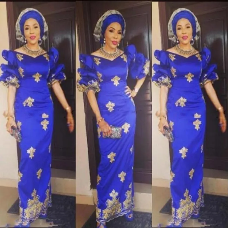 

Evening Dresses Nigerian abiye abendkleider Gold Applique Evening Dress Royal Blue Formal Party Gowns vestido de festa longo