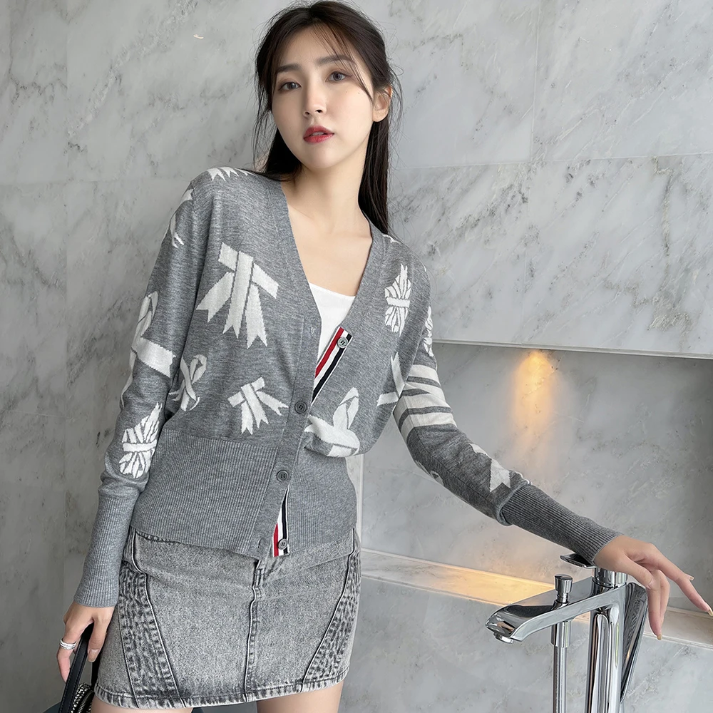 

TB Brand Thom Bow-knot Women Cardigan Slim Fit V-Neck Striped Cardigans Clothing Striped Cotton Wool Casual Coat England Style