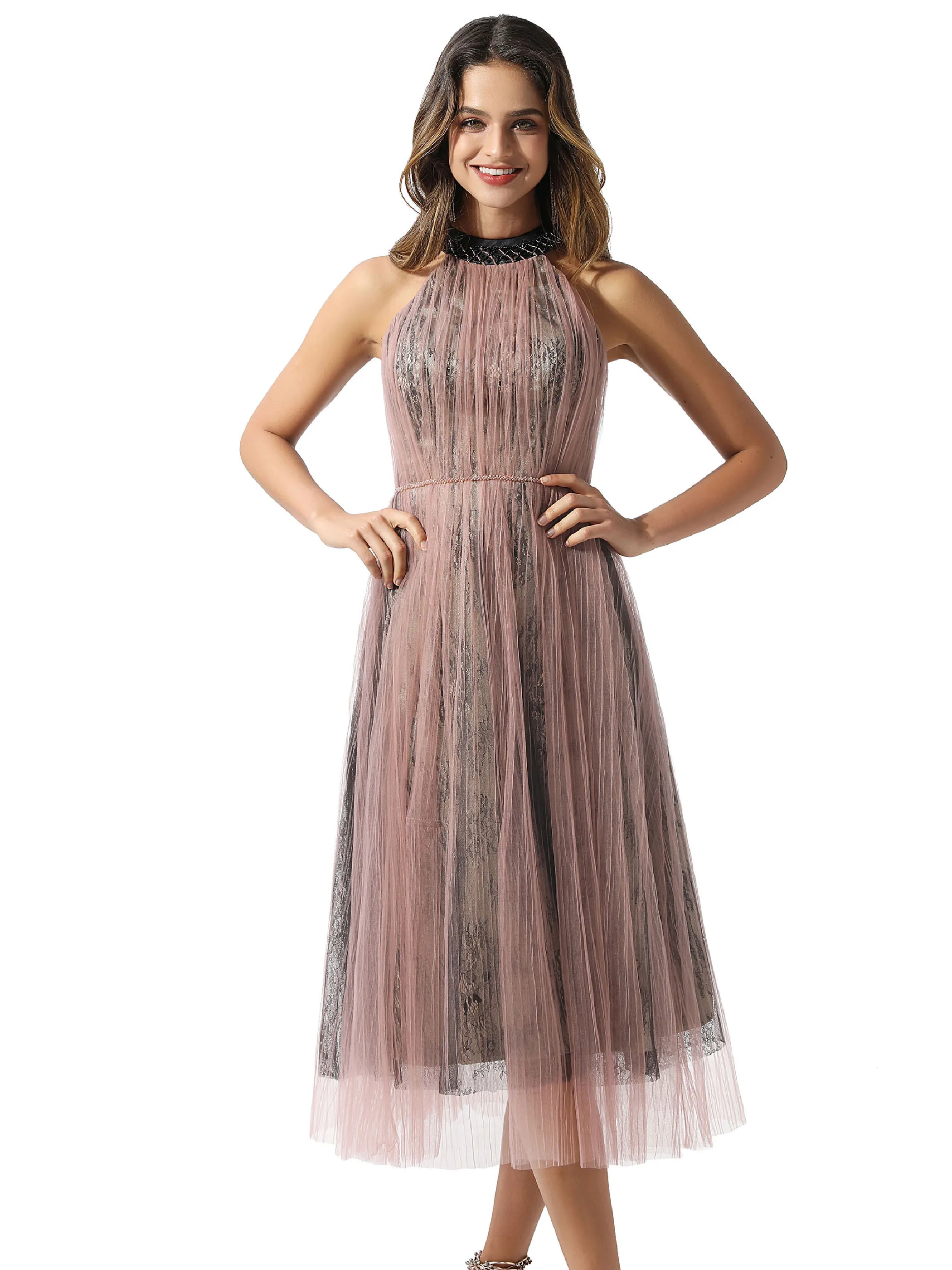 

Dressv Dark Pink Cocktail Dress Elegant A Line Halter Neck Sleeveless Tea Length Night Club Beading Lace Cocktail Dresses