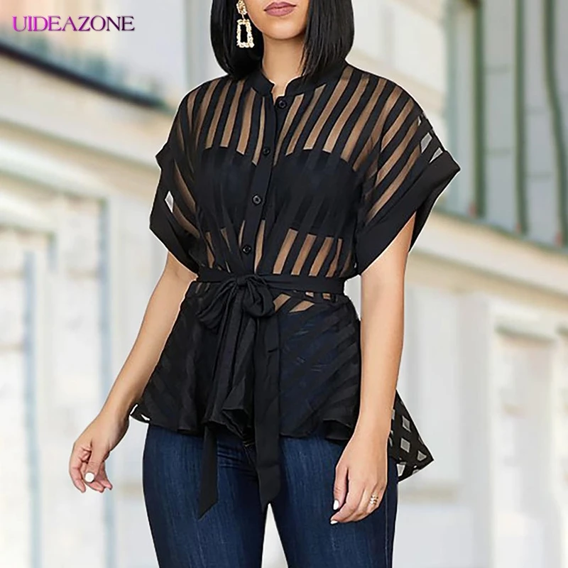 Сетчатая женская блузка пэчворк с поясом пуговицами весенне летняя одежда